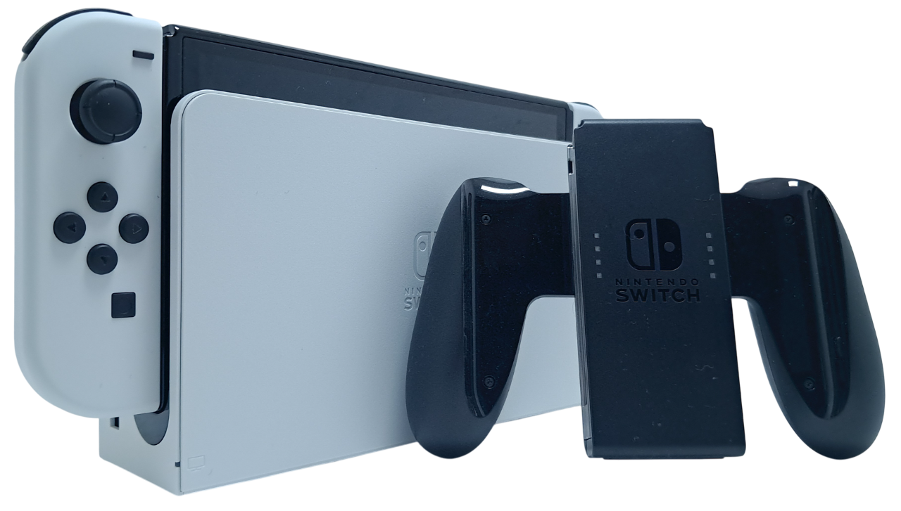 Produktbilde av OLED Nintendo Switch gamingkonsoll med hvite Joy-Con-kontroller (brukt)
